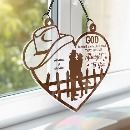 God Blessed The Broken Road Couple Suncatcher for Couples with personalized design details for meaningful gifting image 8
