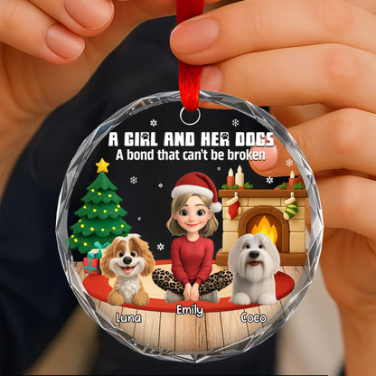 A Girl And Her Dogs Personalized Glass Ornament - Dog Lovers Christmas Tree Keepsake