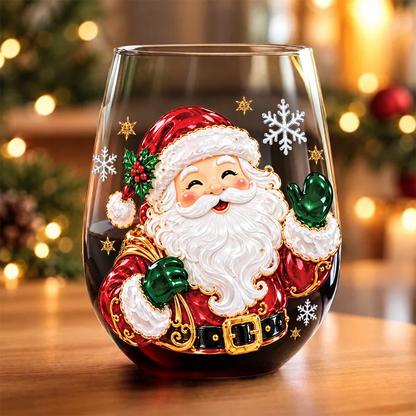 Festive Santa and Snowman Personalized Stemless Wine Glass - Christmas Drinkware for Family
