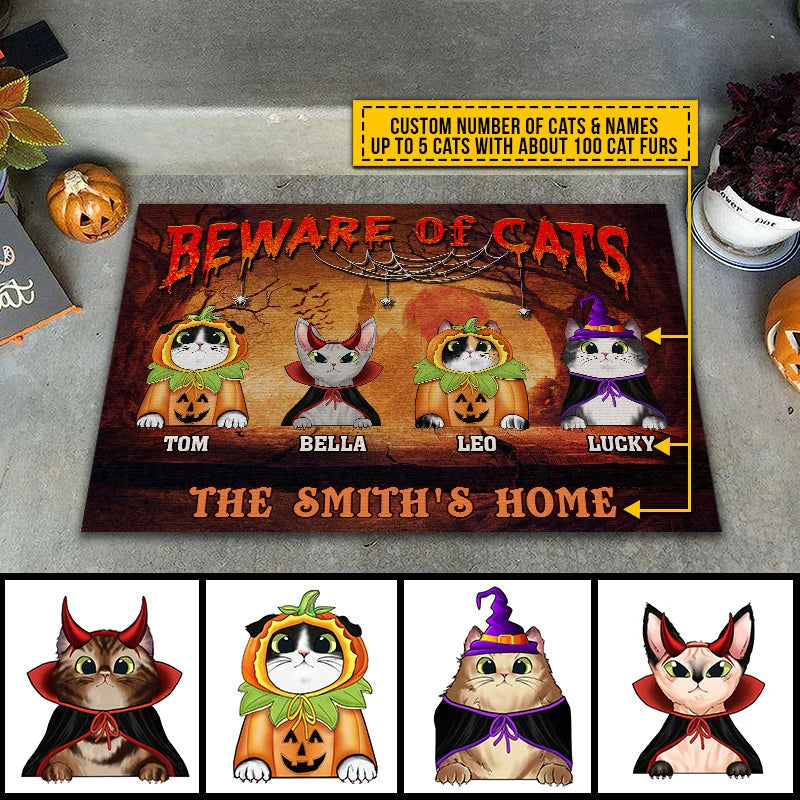 Beware of Cats Personalized Halloween Doormat - Custom Pet Names Fall Welcome Mat for Cat Lovers