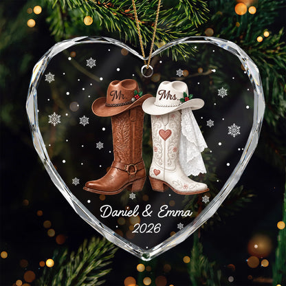 Mr & Mrs Cowboy Boots Personalized Glass Ornament - Rustic Christmas Keepsake for Couples