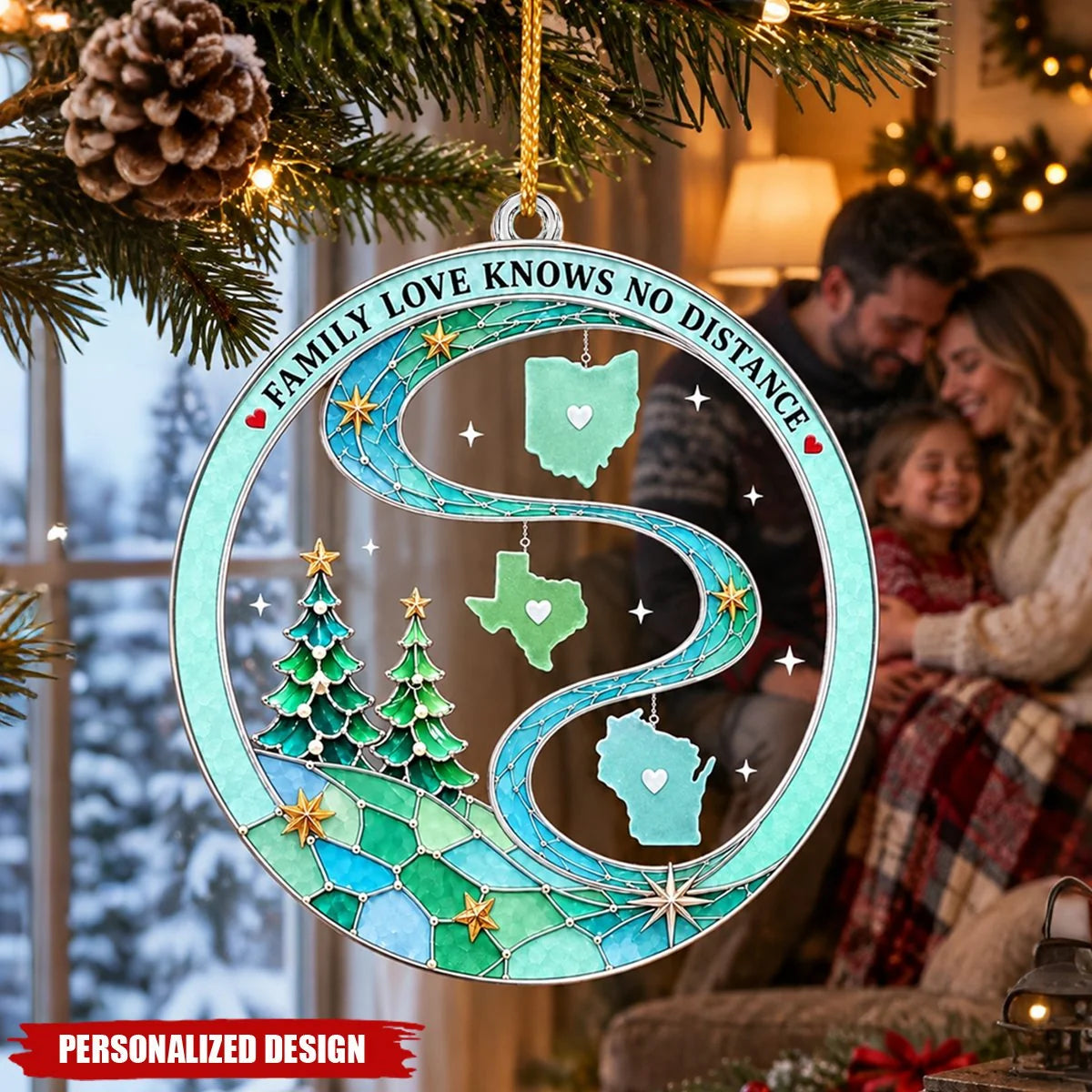 "Family Love Knows No Distance" Personalized Acrylic Ornament - Christmas for Family