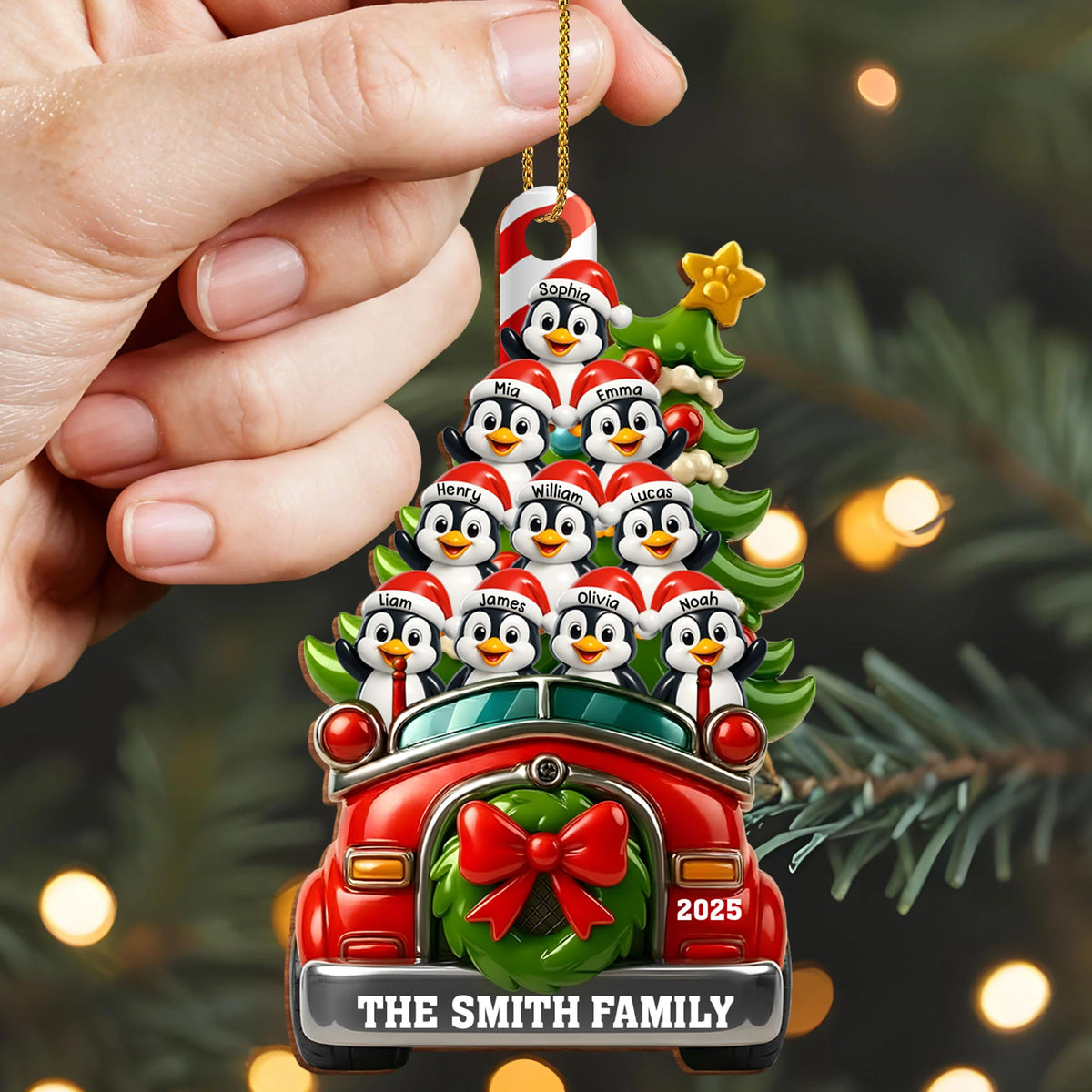 Festive Penguin Car Personalized Christmas Wood Ornament - Family Holiday Keepsake Gift