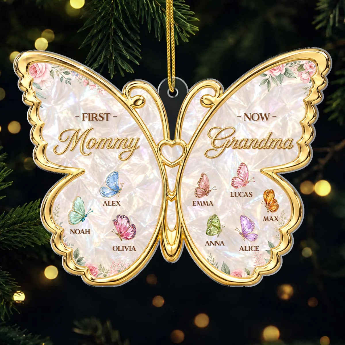 "First Mommy Now Grandma" Personalized Butterfly Acrylic Ornament - Custom Grandma Christmas Keepsake Gift