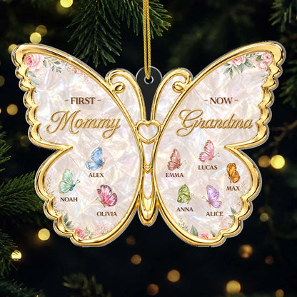 "First Mommy Now Grandma" Personalized Butterfly Acrylic Ornament - Custom Grandma Christmas Keepsake Gift