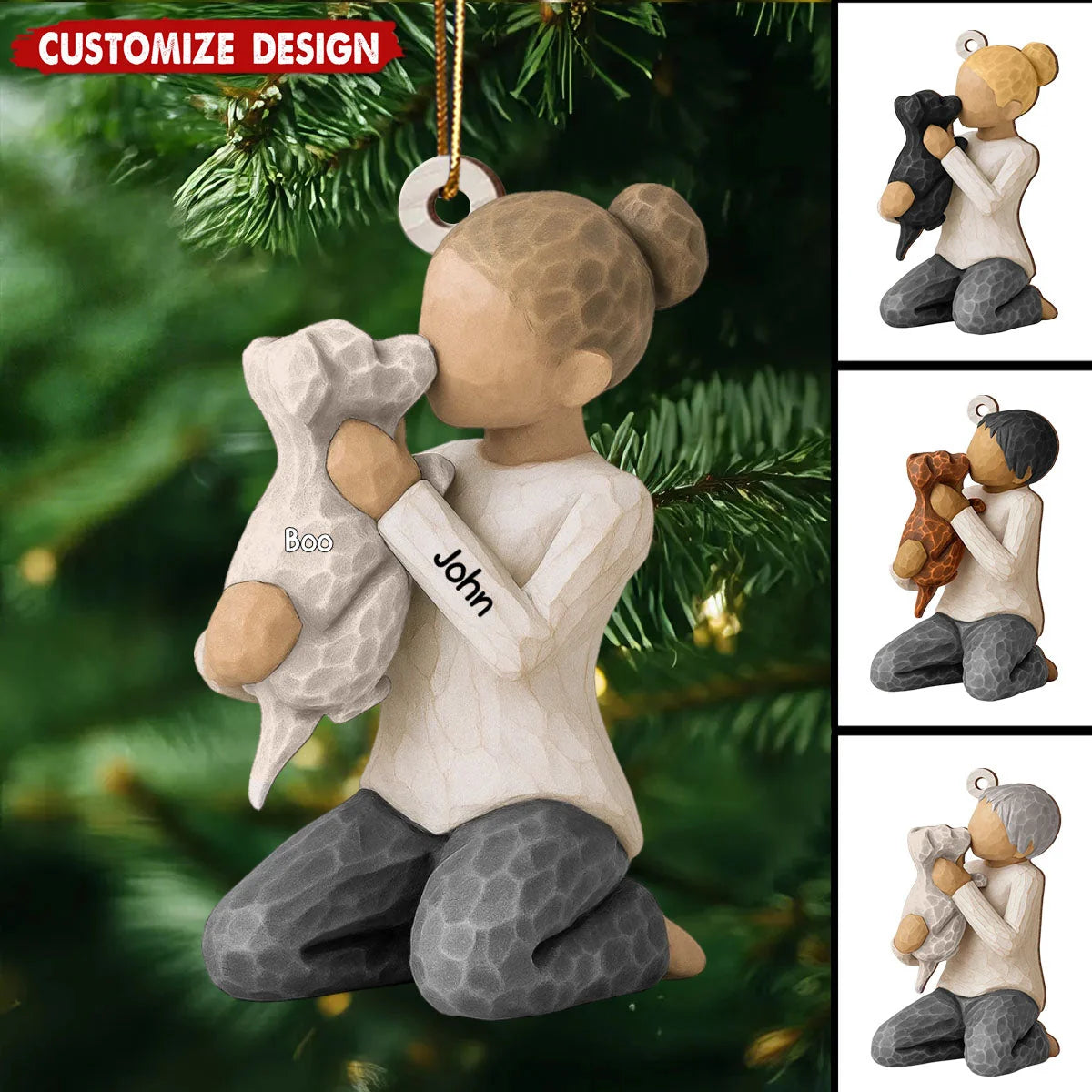 Boy and Girl Hugging Dog Personalized Wooden Christmas Ornament - Custom Keepsake Gift for Dog Lovers