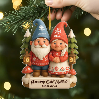 "Growing Old Together" Personalized Gnome Couple Acrylic Ornament - Custom Anniversary Christmas Gift for Couples