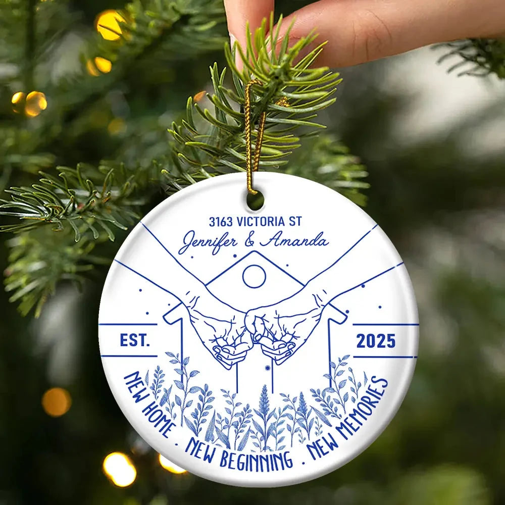 New Home New Beginning - Personalized Ceramic Ornament Holding Hands Couple Gift