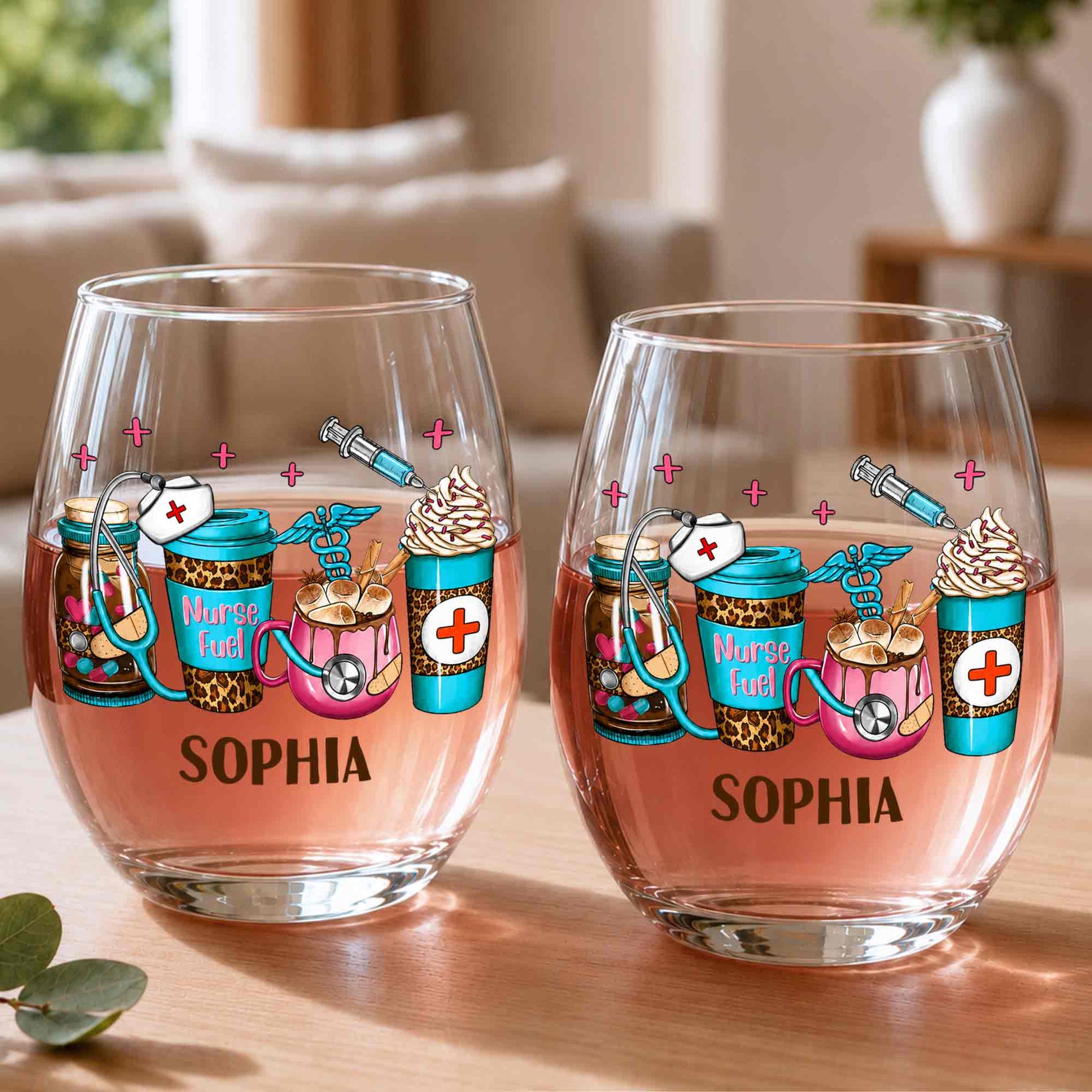 Personalized nurse stemless wine glass with Nurse Fuel leopard coffee cups and medical icons design image 9