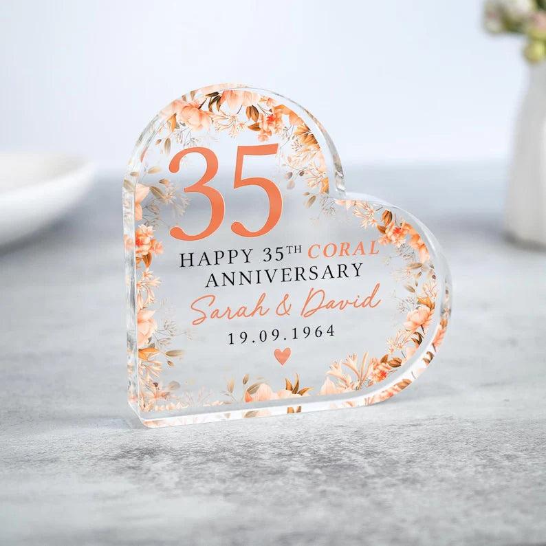 Personalized 35th coral anniversary gift acrylic heart plaque with custom names and wedding date