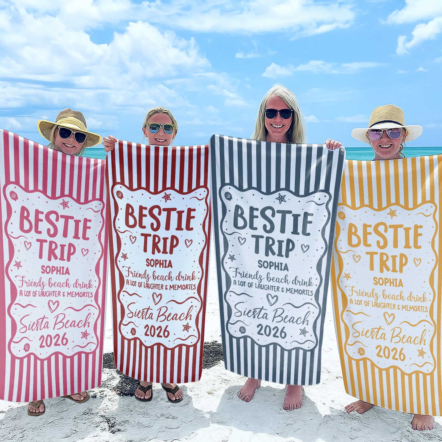 Custom Bestie Trip Beach Towel for Best Friends with personalized design details for meaningful gifting
