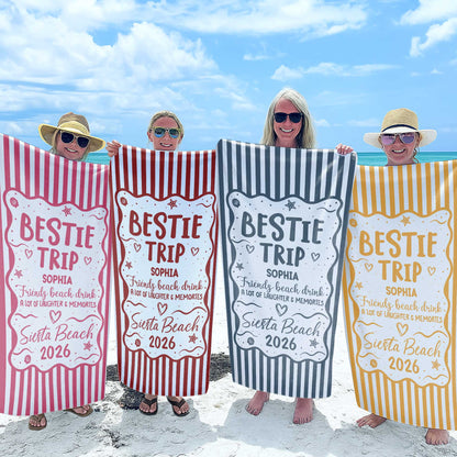 Custom Bestie Trip Beach Towel for Best Friends with personalized design details for meaningful gifting