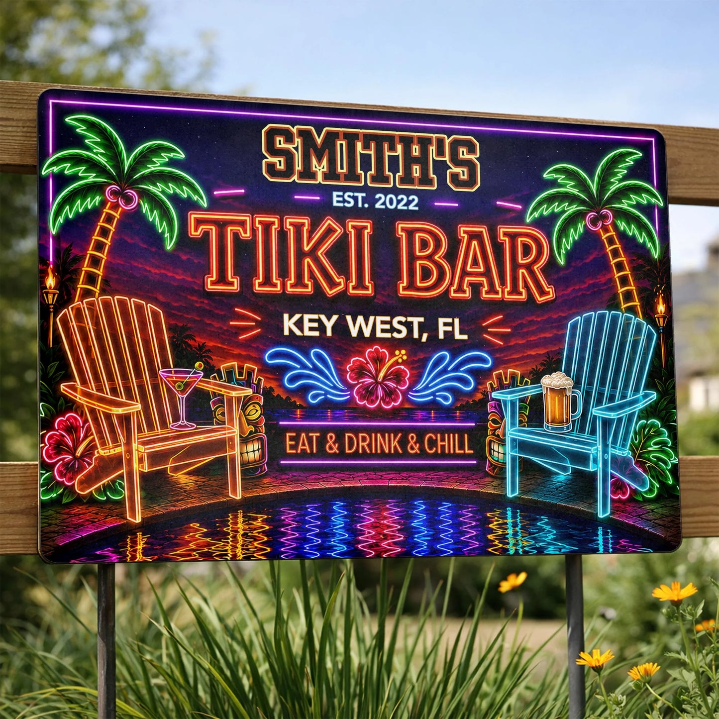Personalized tiki bar metal sign with neon palm trees and beach chairs for outdoor patio decor image 8