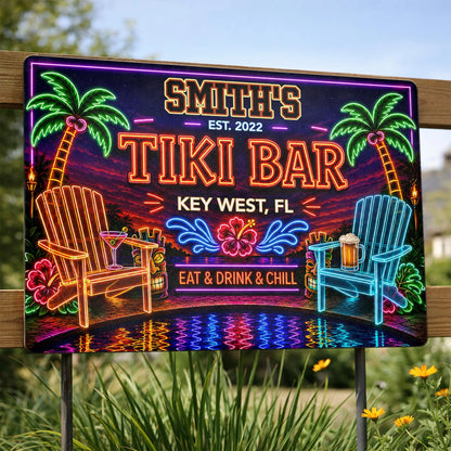 Personalized tiki bar metal sign with neon palm trees and beach chairs for outdoor patio decor image 8