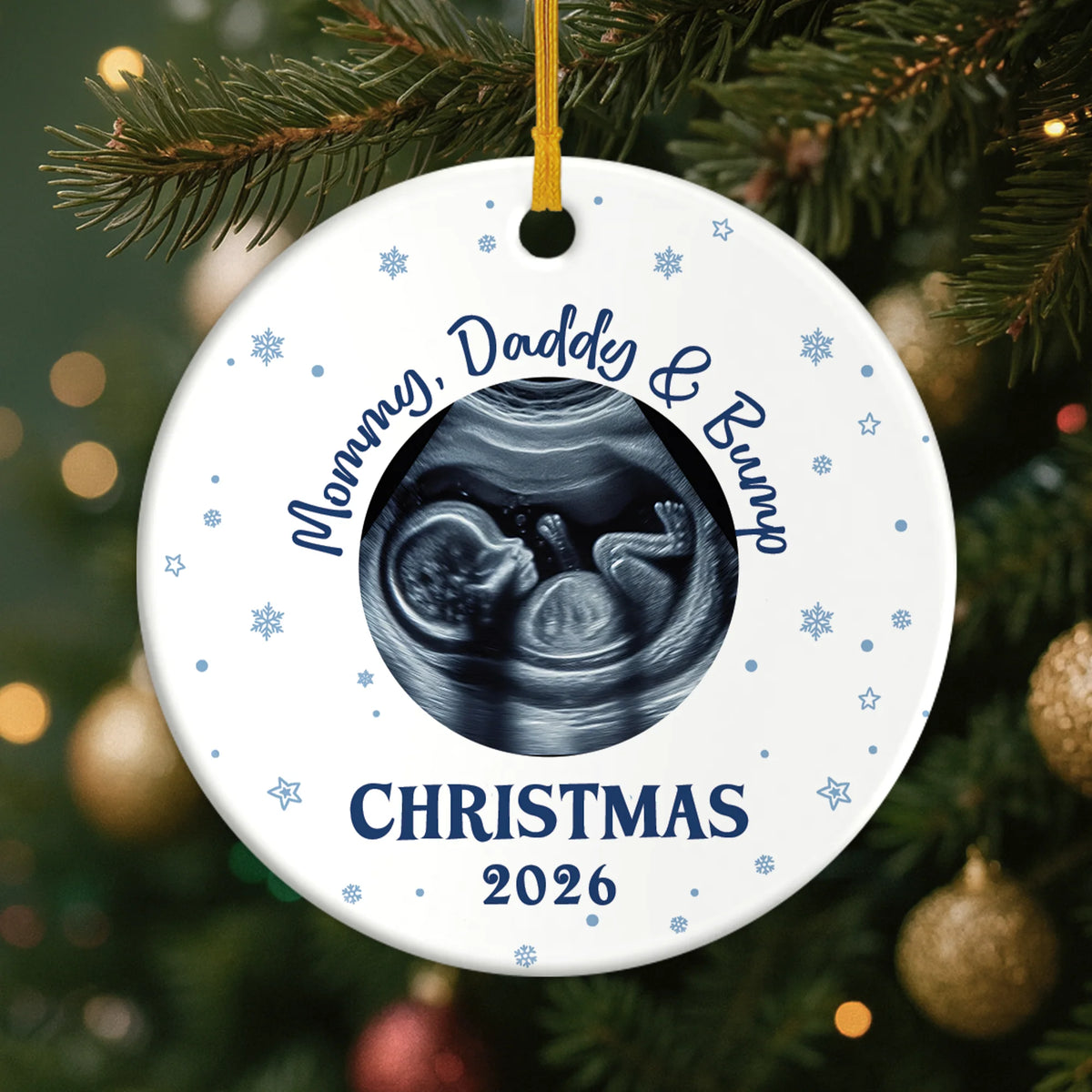 "Mommy Daddy & Bump Christmas 2026" - Ultrasound Photo Personalized Ceramic Ornament Gift