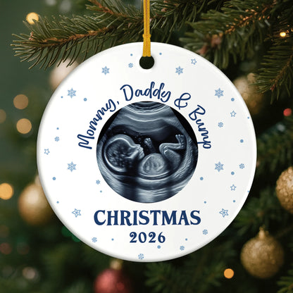 "Mommy Daddy & Bump Christmas 2026" - Ultrasound Photo Personalized Ceramic Ornament Gift