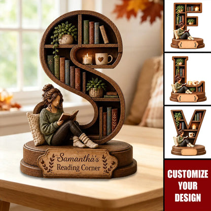 Reading Corner Personalized Wooden Block - Custom Initial Book Lover Gift for Bookshelf