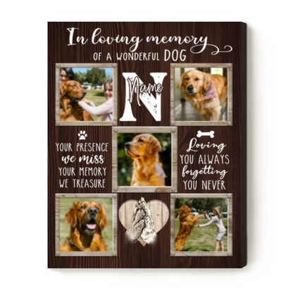 Personalized dog memorial canvas collage featuring custom pet photos and a loving remembrance message