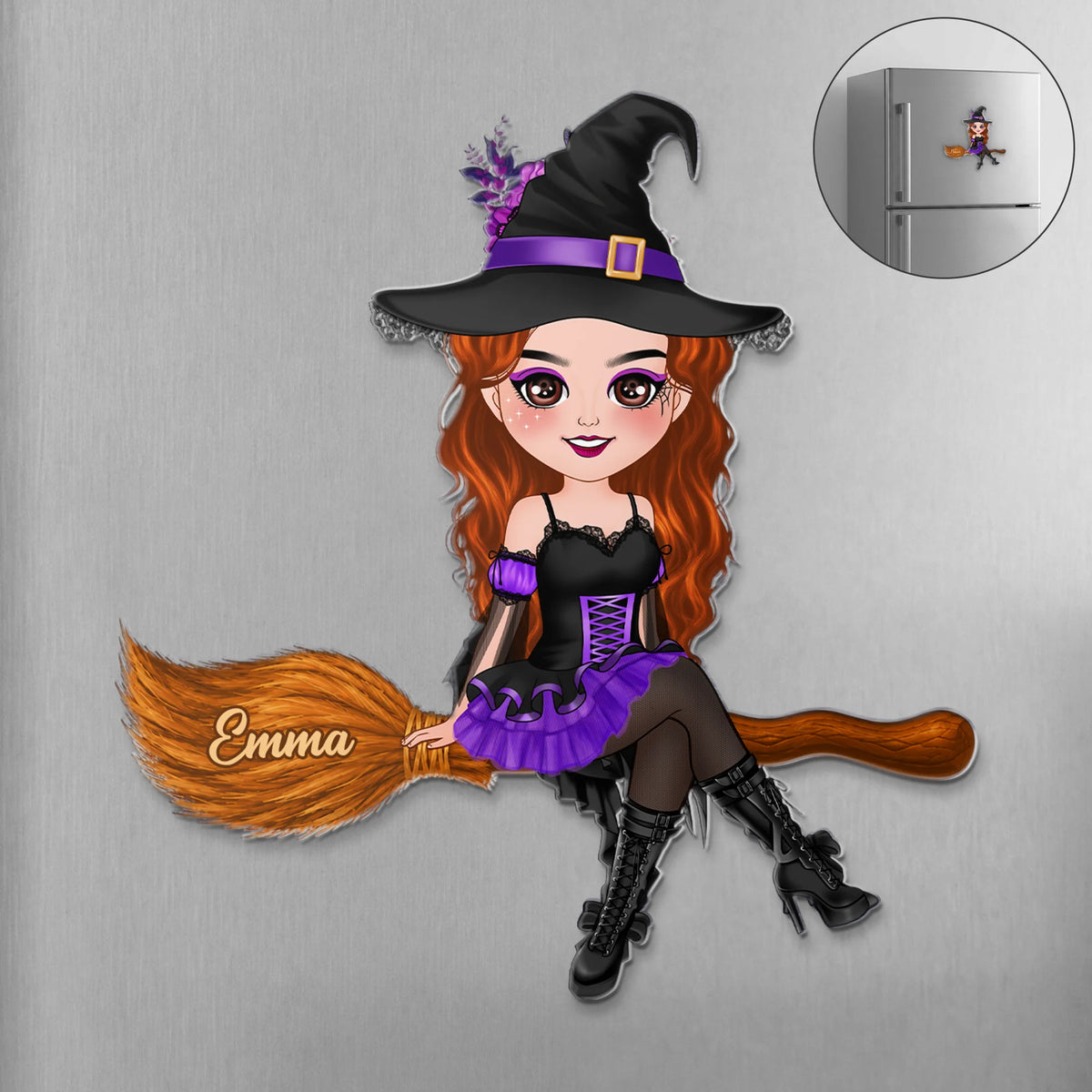 Custom Halloween Witch Acrylic Magnet - Personalized Cute Chibi Witch Name Fridge Magnet