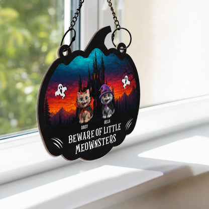 Beware Of Little Meownsters Personalized Suncatcher Ornament - Custom Cat Lovers Halloween Decor