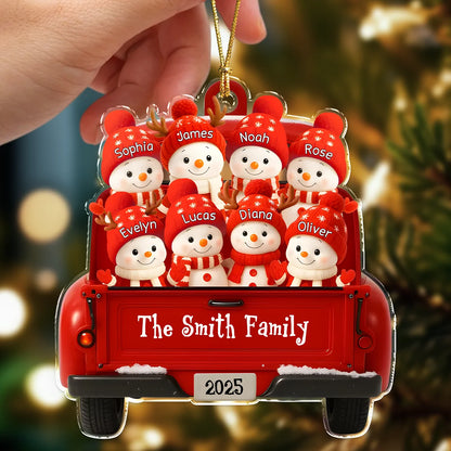 Personalized Snowman Family Red Truck Ornament - Custom Christmas Acrylic Keepsake for Family