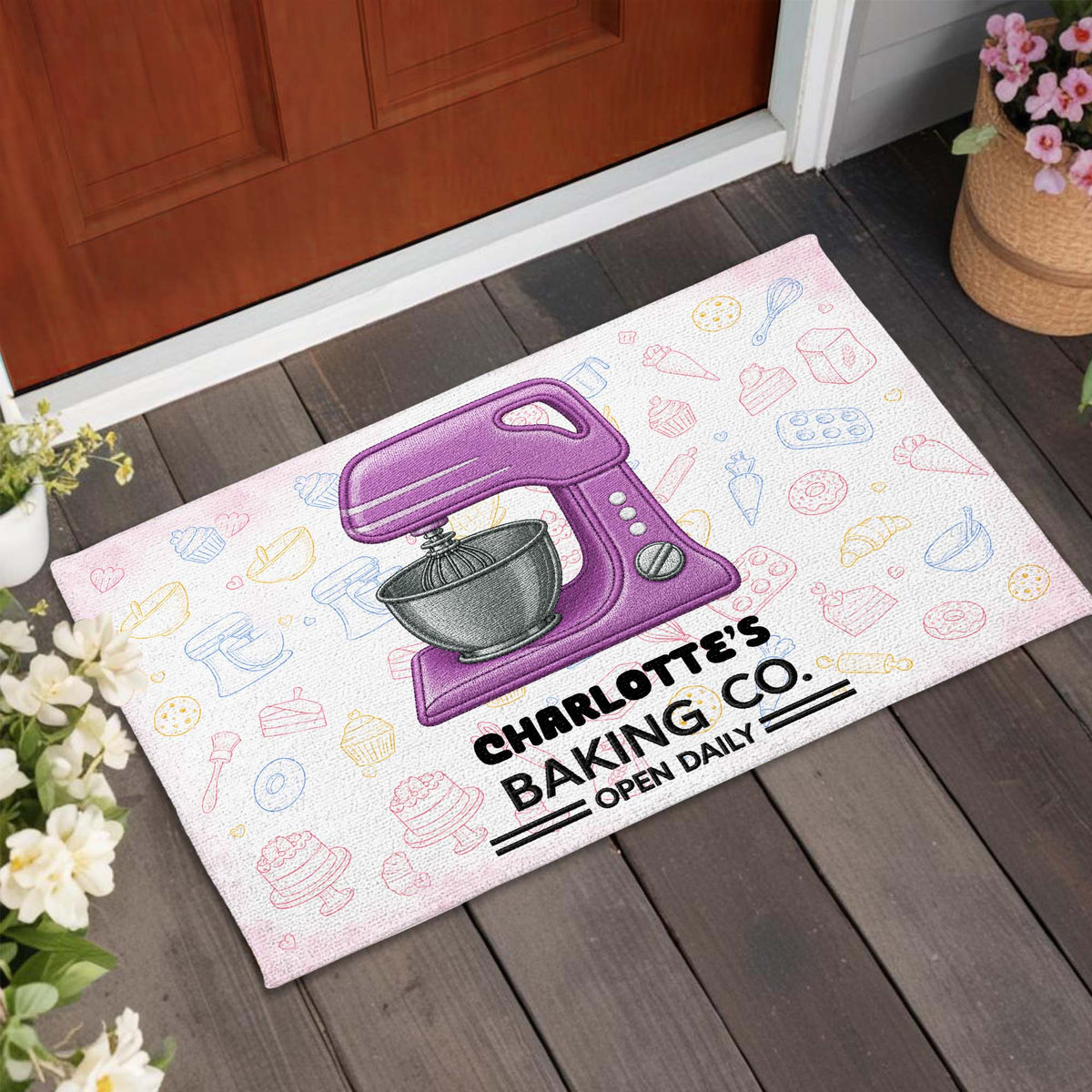 Baking Co. Open Daily Personalized Doormat - Custom Kitchen Welcome Mat for Bakers