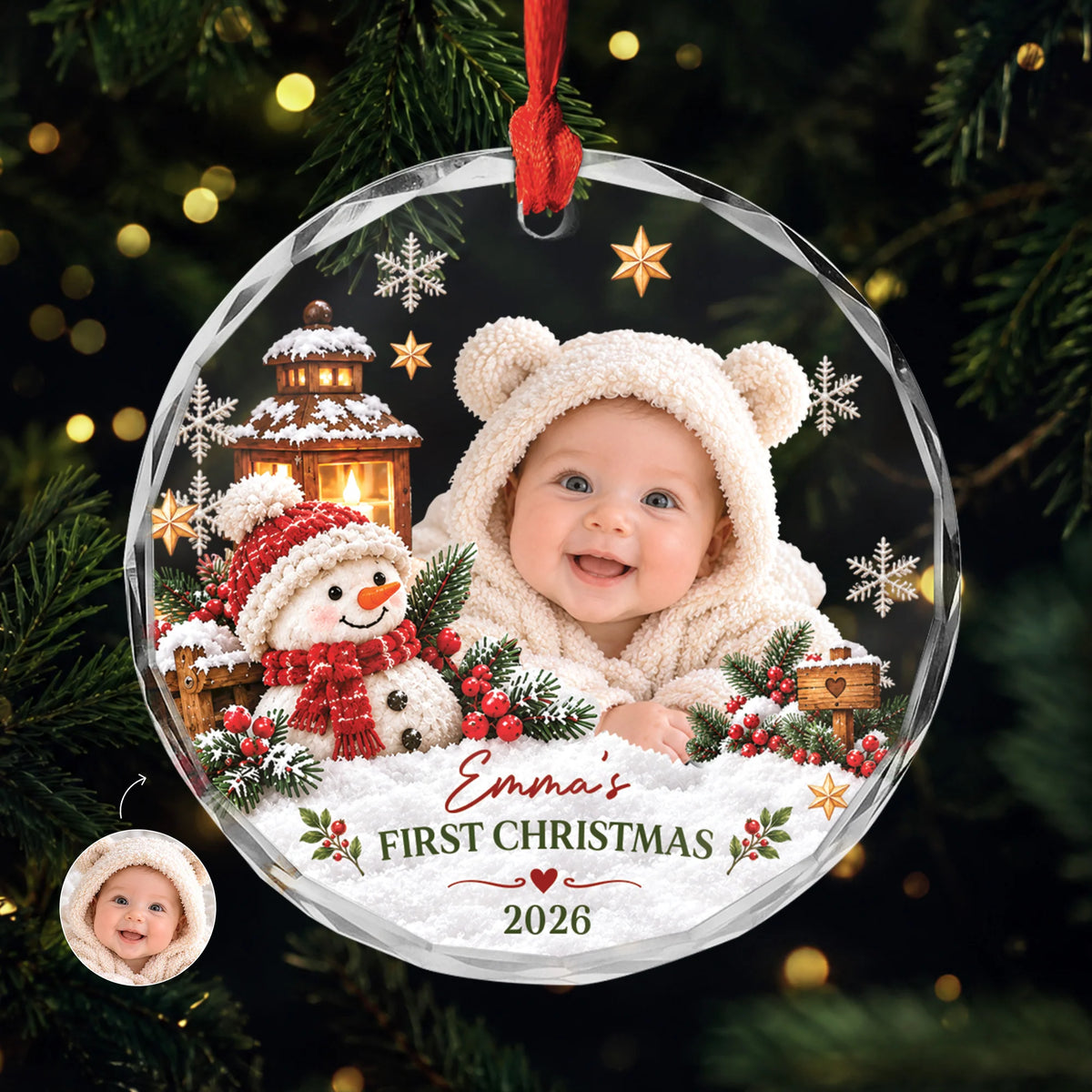 Baby First Christmas Photo Glass Ornament - Custom Name Holiday Keepsake Gift for New Parents