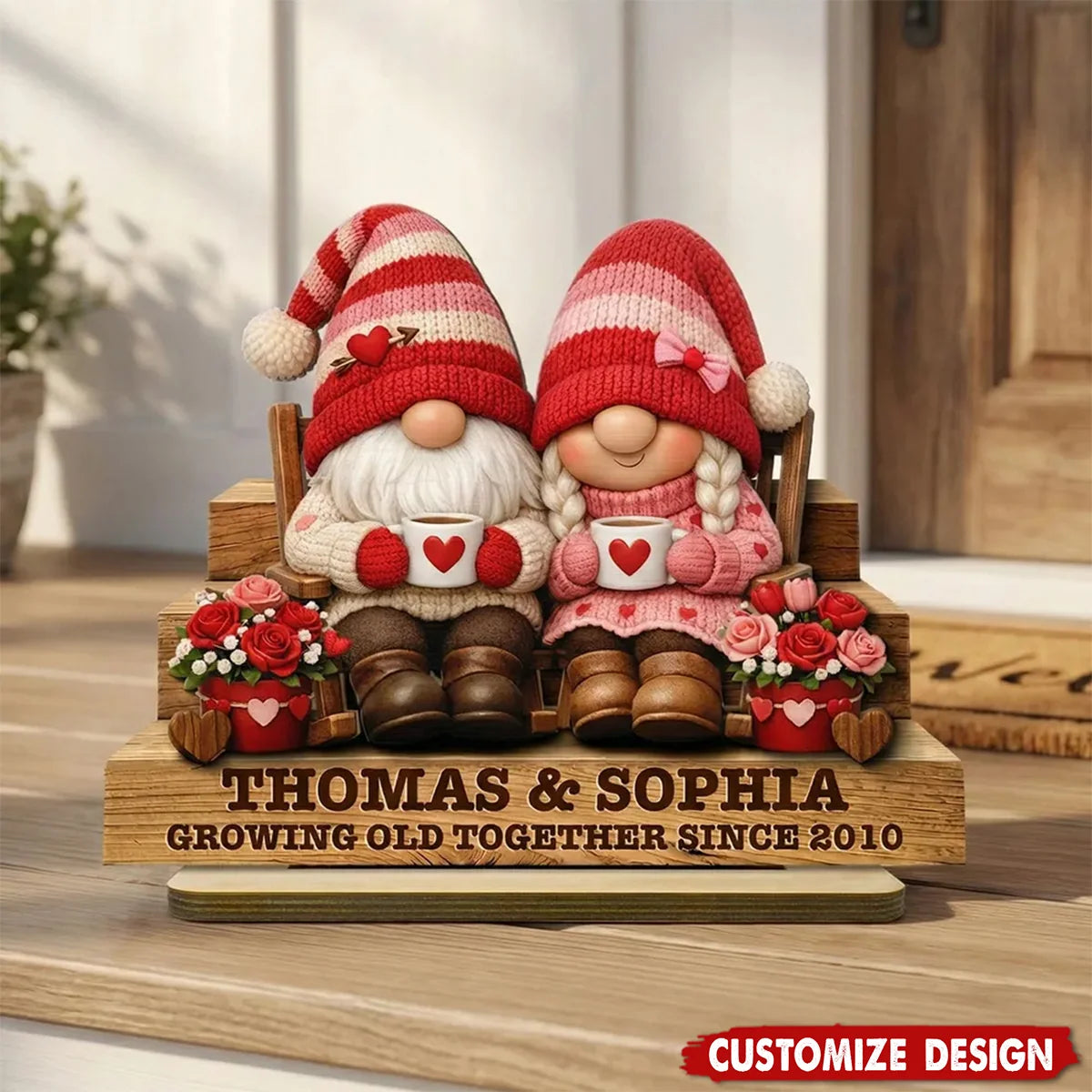 Growing Old Together Personalized Wooden Plaque for Couples - Custom Gnome Anniversary Gift