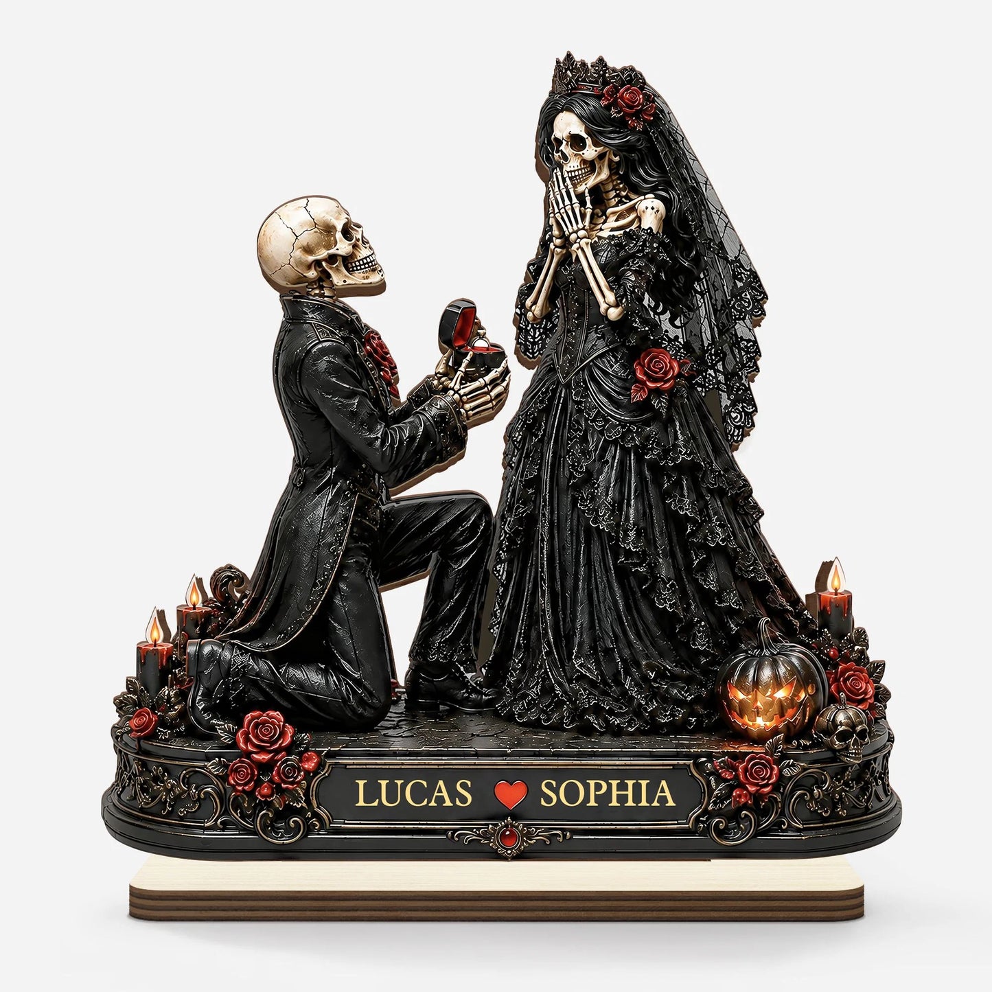 Personalized Skeleton Proposal Couple Wooden Plaque - Custom Gothic Halloween Gift