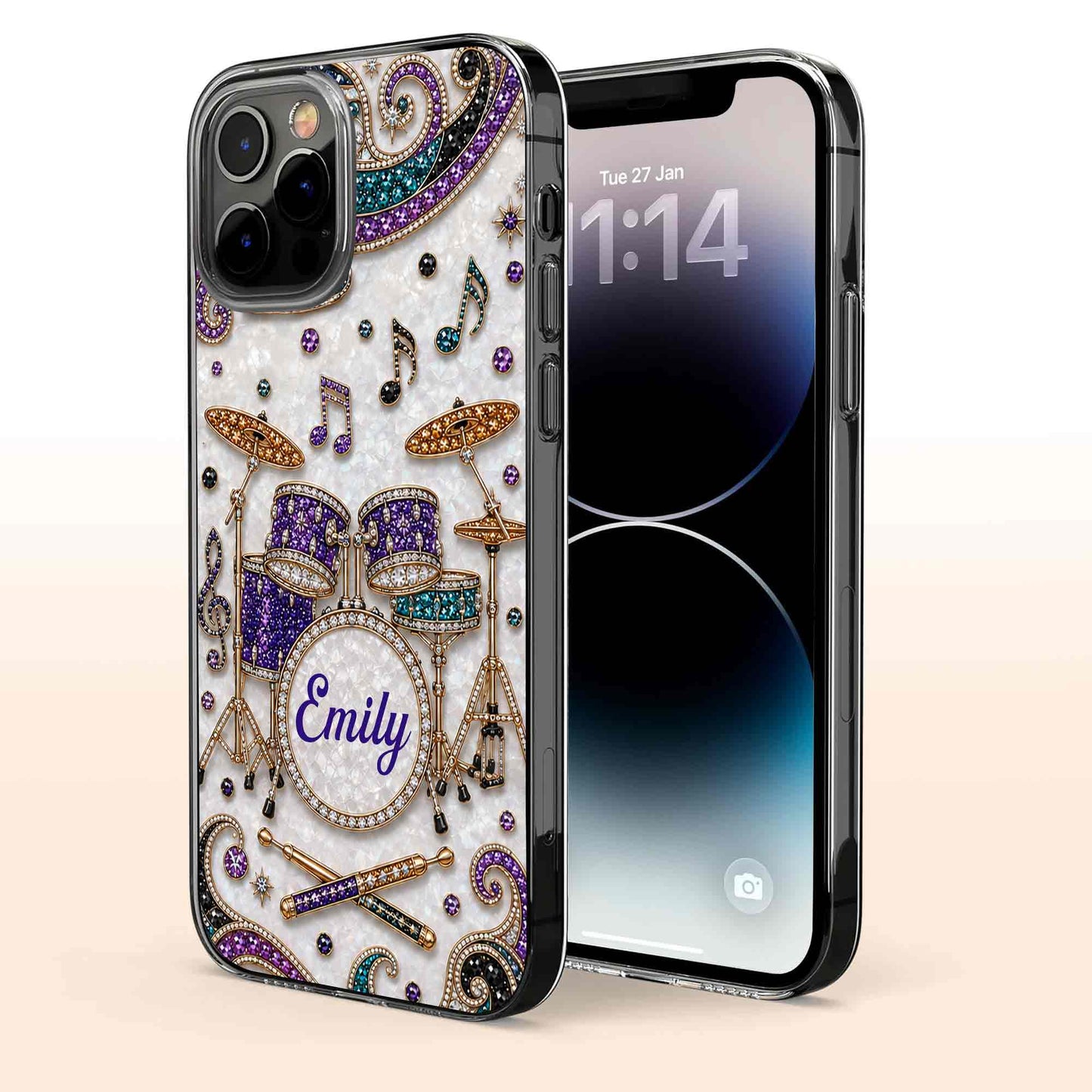 Custom name drum set clear phone case with jewel-embellished music notes for drummers and musicians image 8