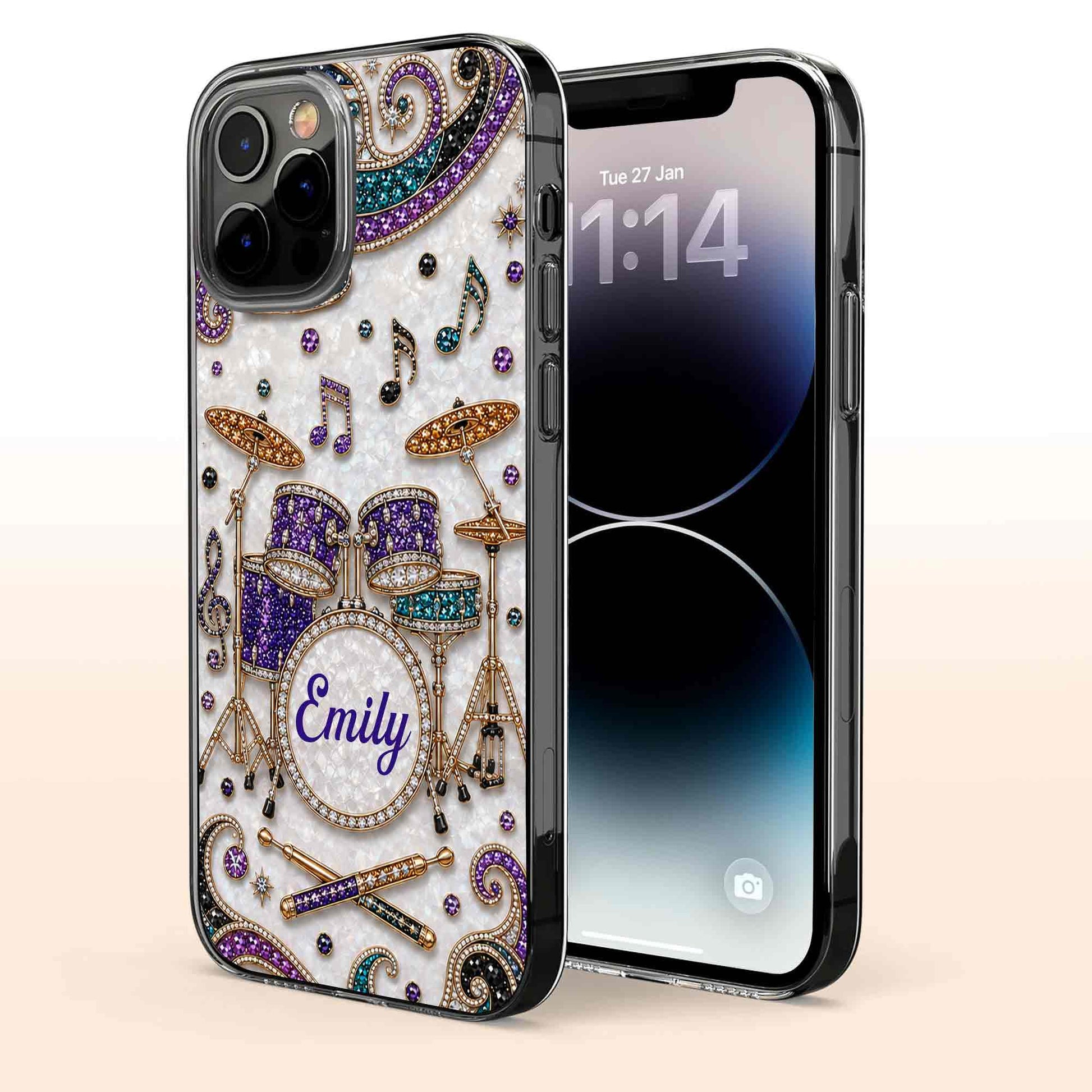 Custom name drum set clear phone case with jewel-embellished music notes for drummers and musicians image 8
