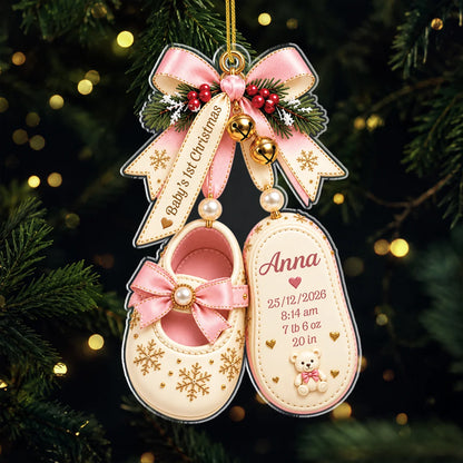 "Baby's 1st Christmas Shoes" Personalized Acrylic Ornament with Birth Stats - Keepsake for Newborn