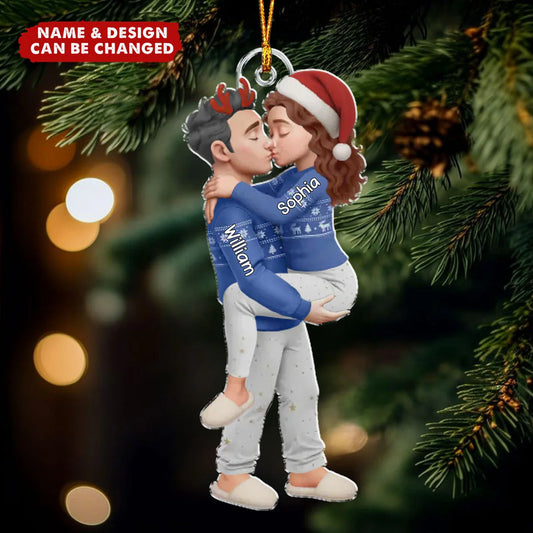 Kissing Couple In Pajamas Personalized Acrylic Ornament - Custom Husband & Wife Christmas Keepsake