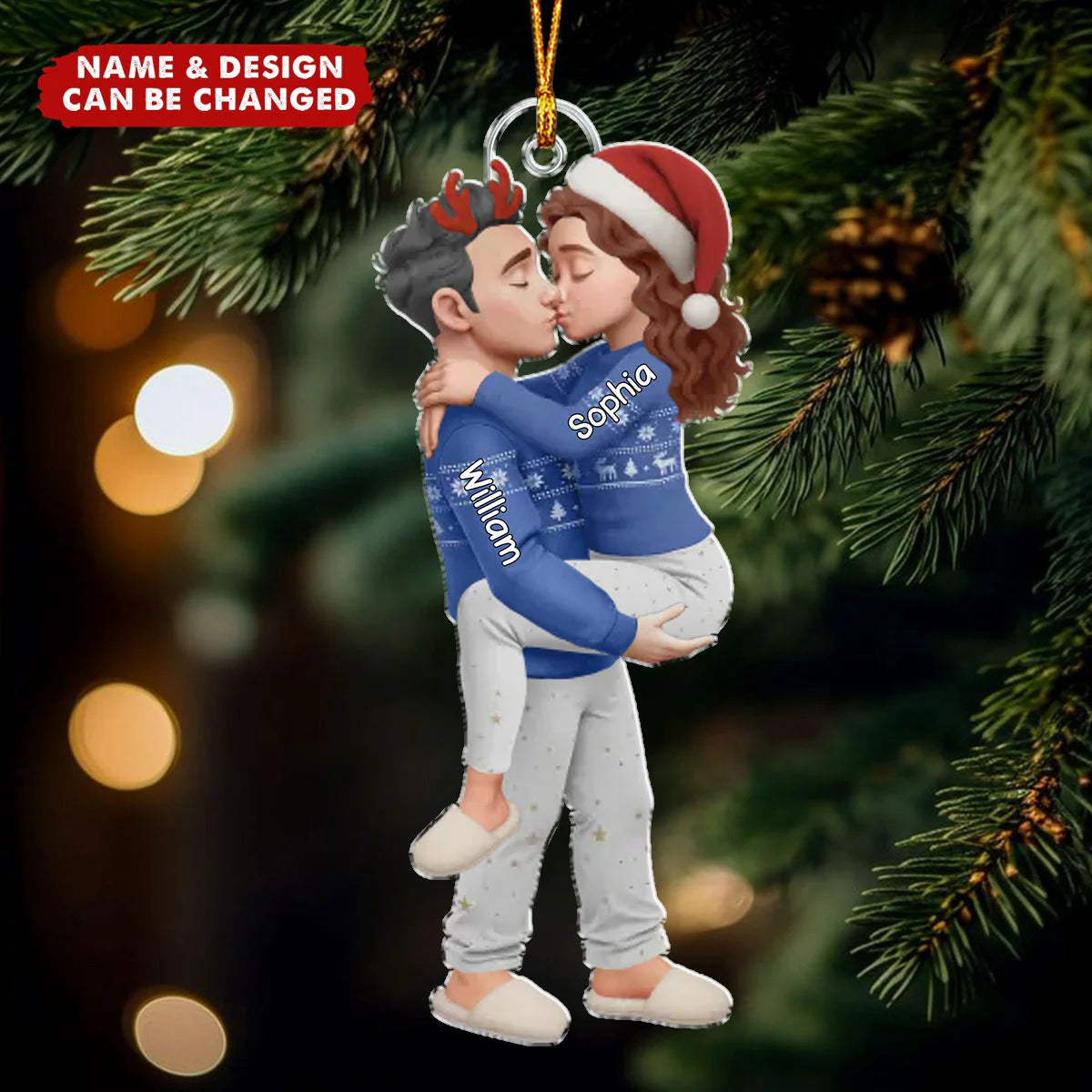 Kissing Couple In Pajamas Personalized Acrylic Ornament - Custom Husband & Wife Christmas Keepsake