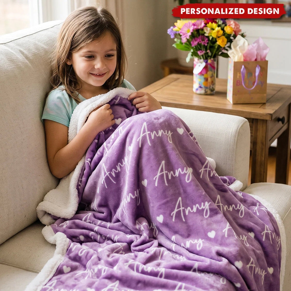 Repeated Heart Pattern Personalized Name Blanket - Custom Cozy Fleece Throw for Birthday