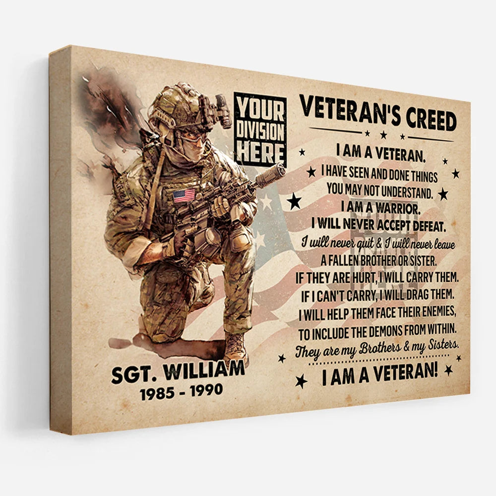 "I Am A Veteran" Personalized Veteran's Creed Canvas / Poster - Custom Veteran Gift for US Military