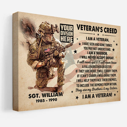 "I Am A Veteran" Personalized Veteran's Creed Canvas / Poster - Custom Veteran Gift for US Military