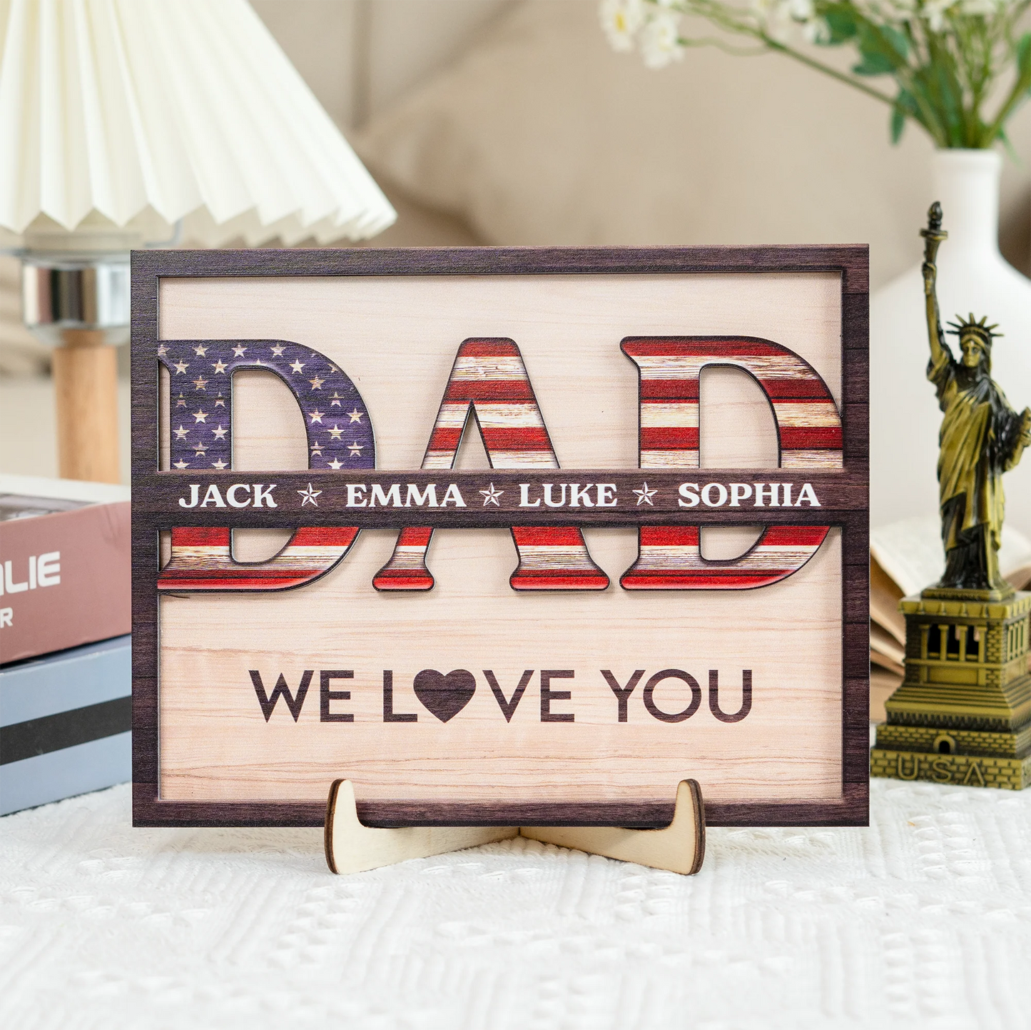 Personalized dad wooden plaque with American flag design and custom names for Father's Day desk decor