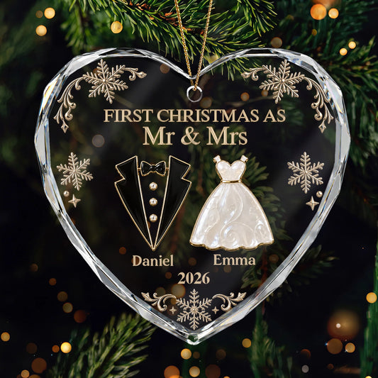 "First Christmas As Mr And Mrs" Glass Heart Ornament - Personalized Couple Holiday Keepsake Gift