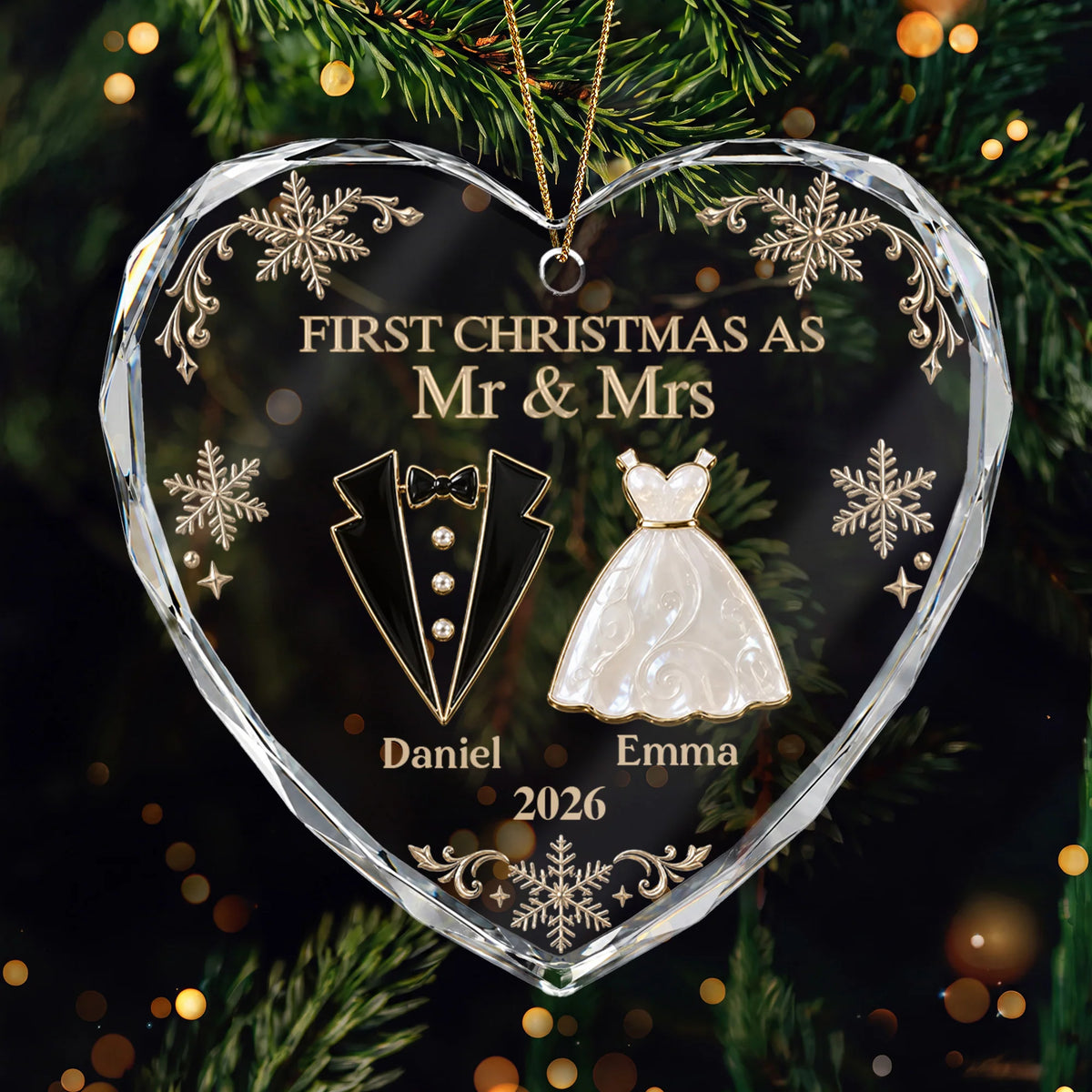 "First Christmas As Mr And Mrs" Glass Heart Ornament - Personalized Couple Holiday Keepsake Gift