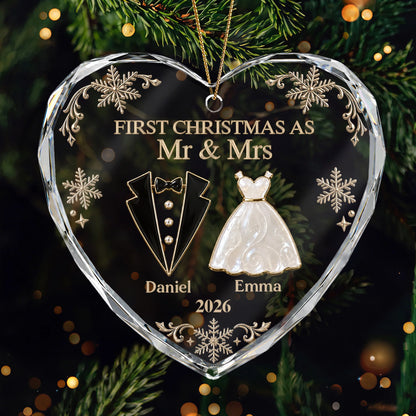 "First Christmas As Mr And Mrs" Glass Heart Ornament - Personalized Couple Holiday Keepsake Gift