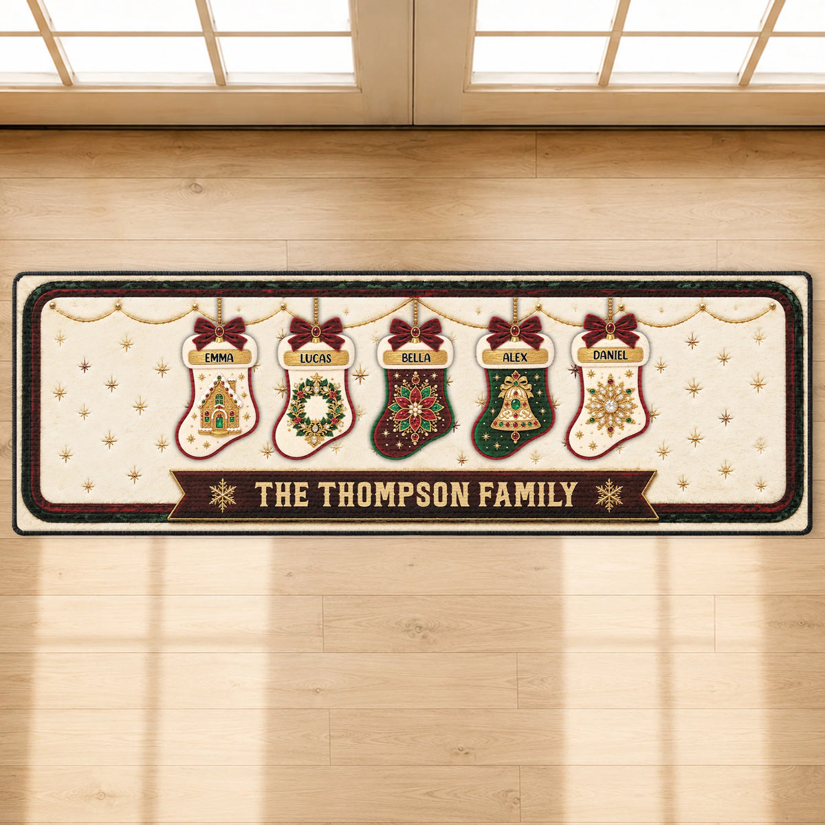 Custom Christmas Stockings Family Name Runner Rug - Personalized Holiday Kitchen Floor Mat Decor