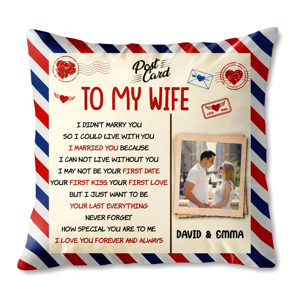 To My Wife I Love You Personalized Pillow - Custom Photo Postcard Throw Pillow for Wife