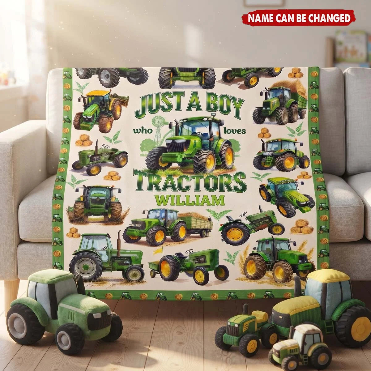 "Just a Boy Who Loves Tractors" Personalized Tractor Blanket - Custom Name Birthday & Christmas Gift for Boys