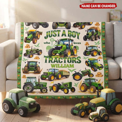 "Just a Boy Who Loves Tractors" Personalized Tractor Blanket - Custom Name Birthday & Christmas Gift for Boys