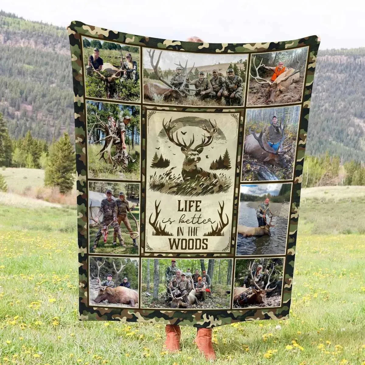 "Life Is Better In The Woods" Personalized Elk Hunting Blanket - Custom Photo Keepsake for Dad Grandpa