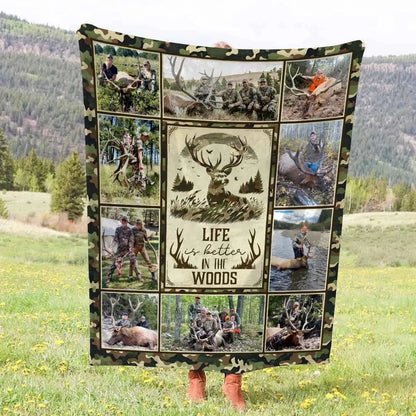 "Life Is Better In The Woods" Personalized Elk Hunting Blanket - Custom Photo Keepsake for Dad Grandpa