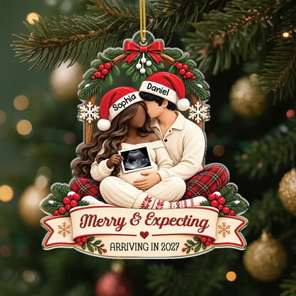 "Merry & Expecting" Personalized Acrylic Ornament for Mom and Dad to Be - Custom Ultrasound Christmas Keepsake