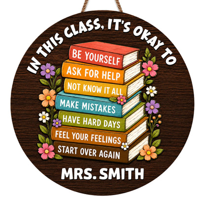 Personalized teacher gifts featuring a custom shaped wood sign with stacked books and a classroom rules quote for Mrs. Smith. image 7