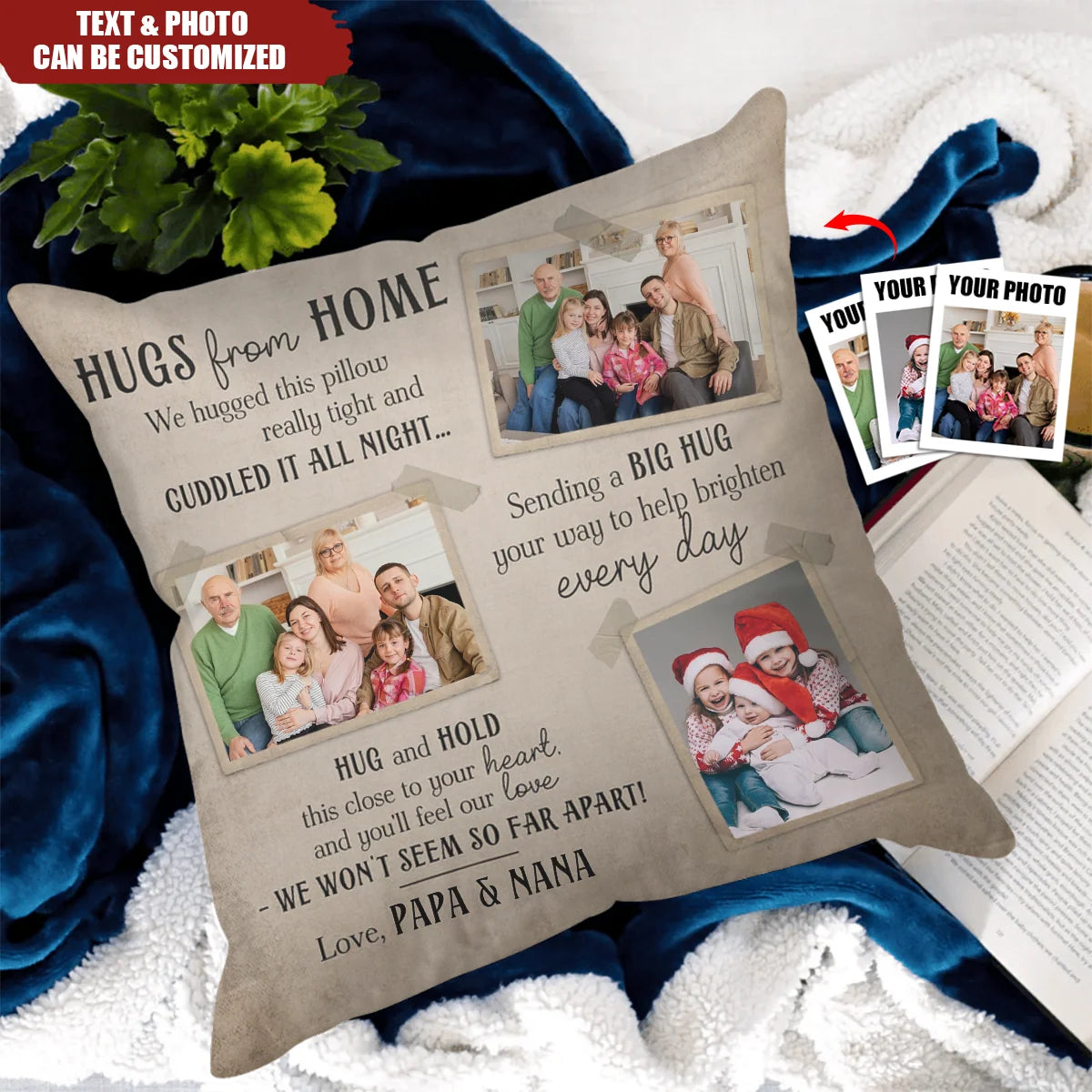 Custom photo pillow with Hugs From Home quote - personalized long distance gift for family